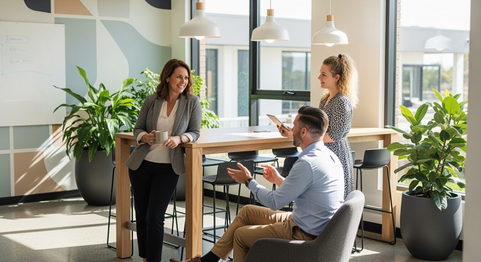 A women holding coffee mug in hand discussing with team