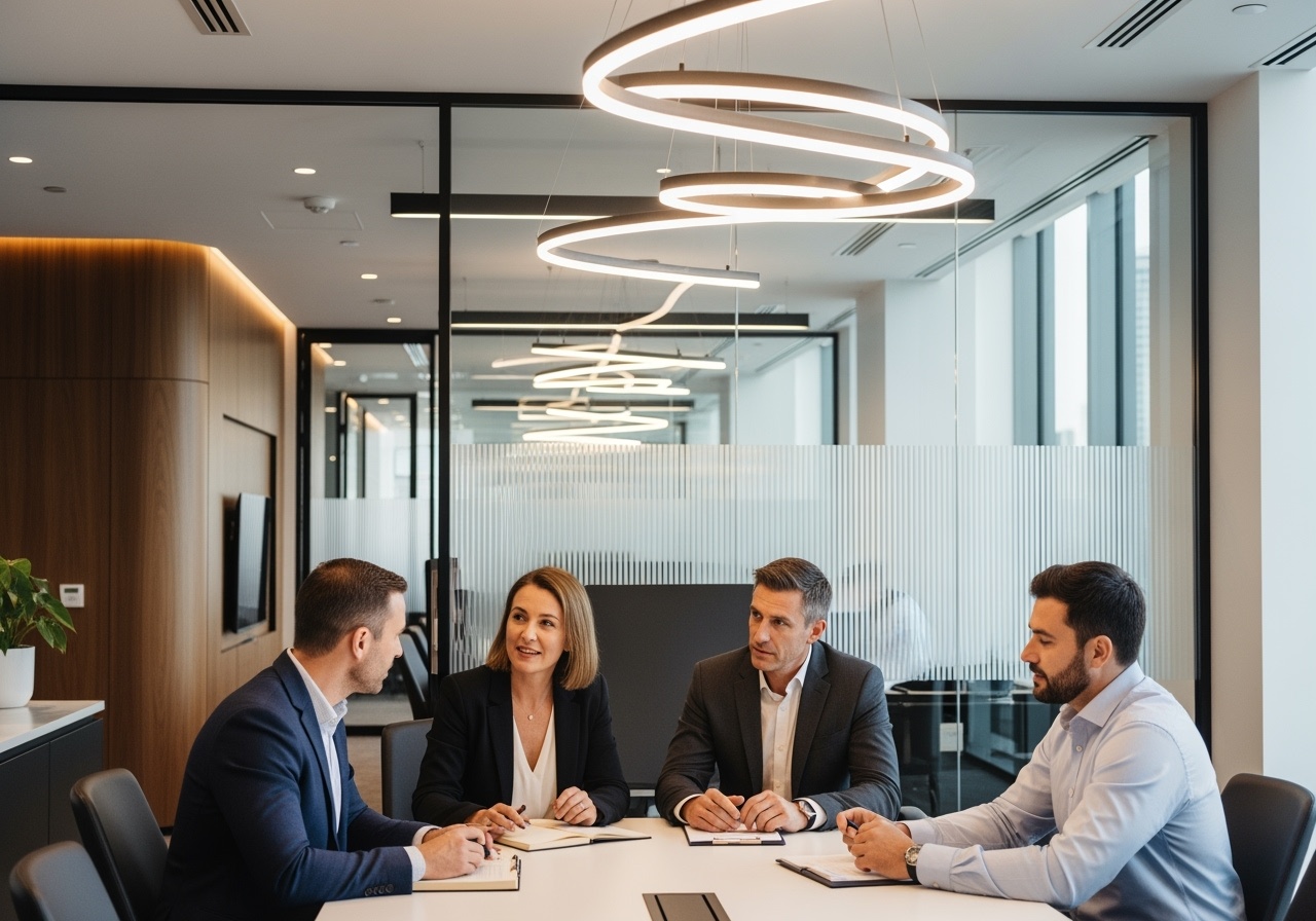 Meeting rooms designs with lighting - Employee meeting in cabin