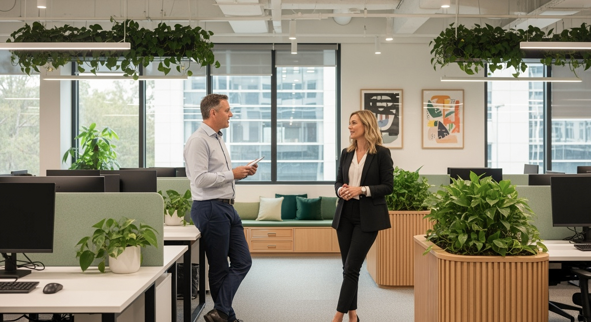 Female and male employee discussion