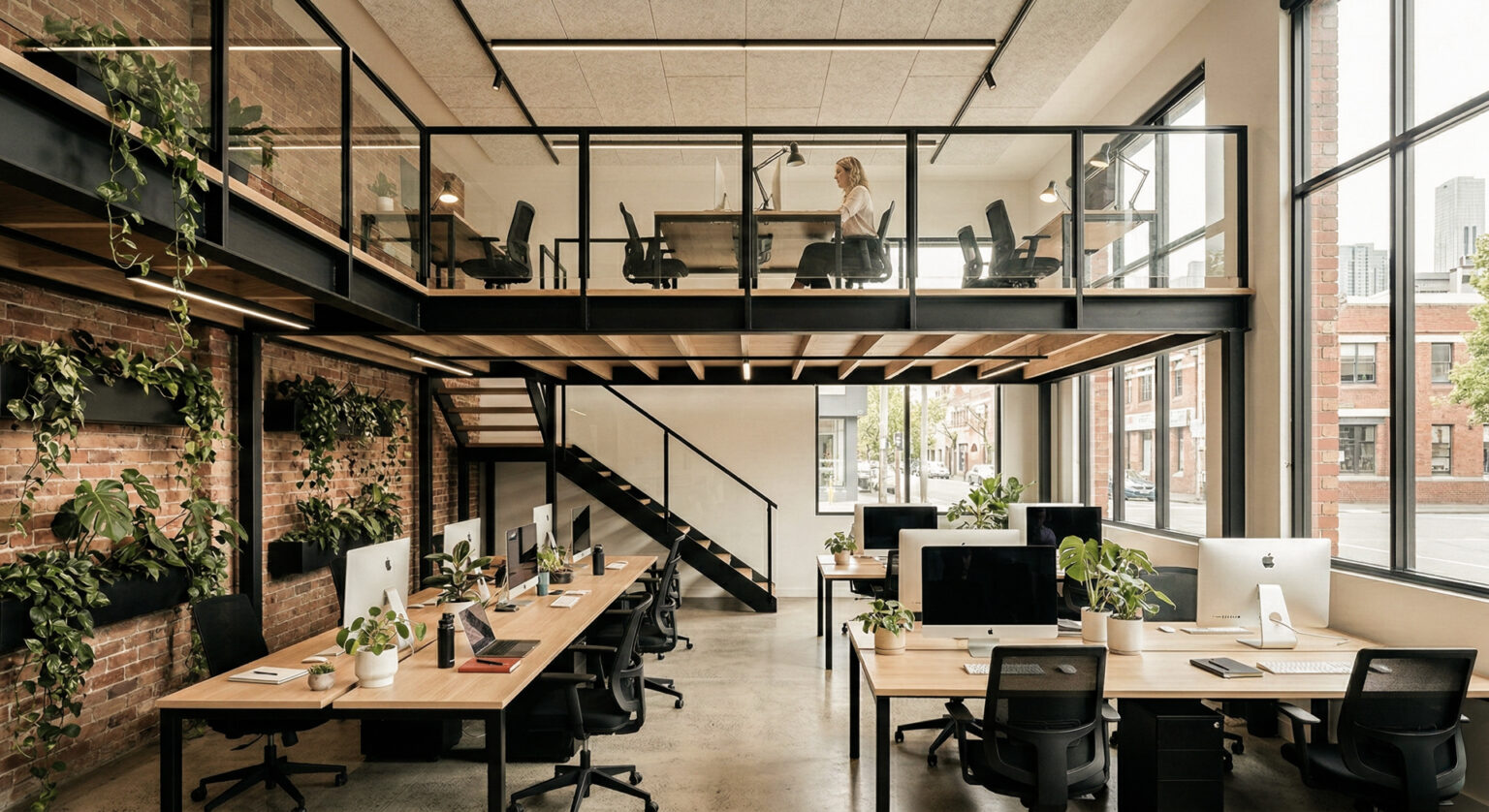 Mezzanine built to expand the floor area of the office. Ideal for an office space with high ceiling - concept design - sensa interiors