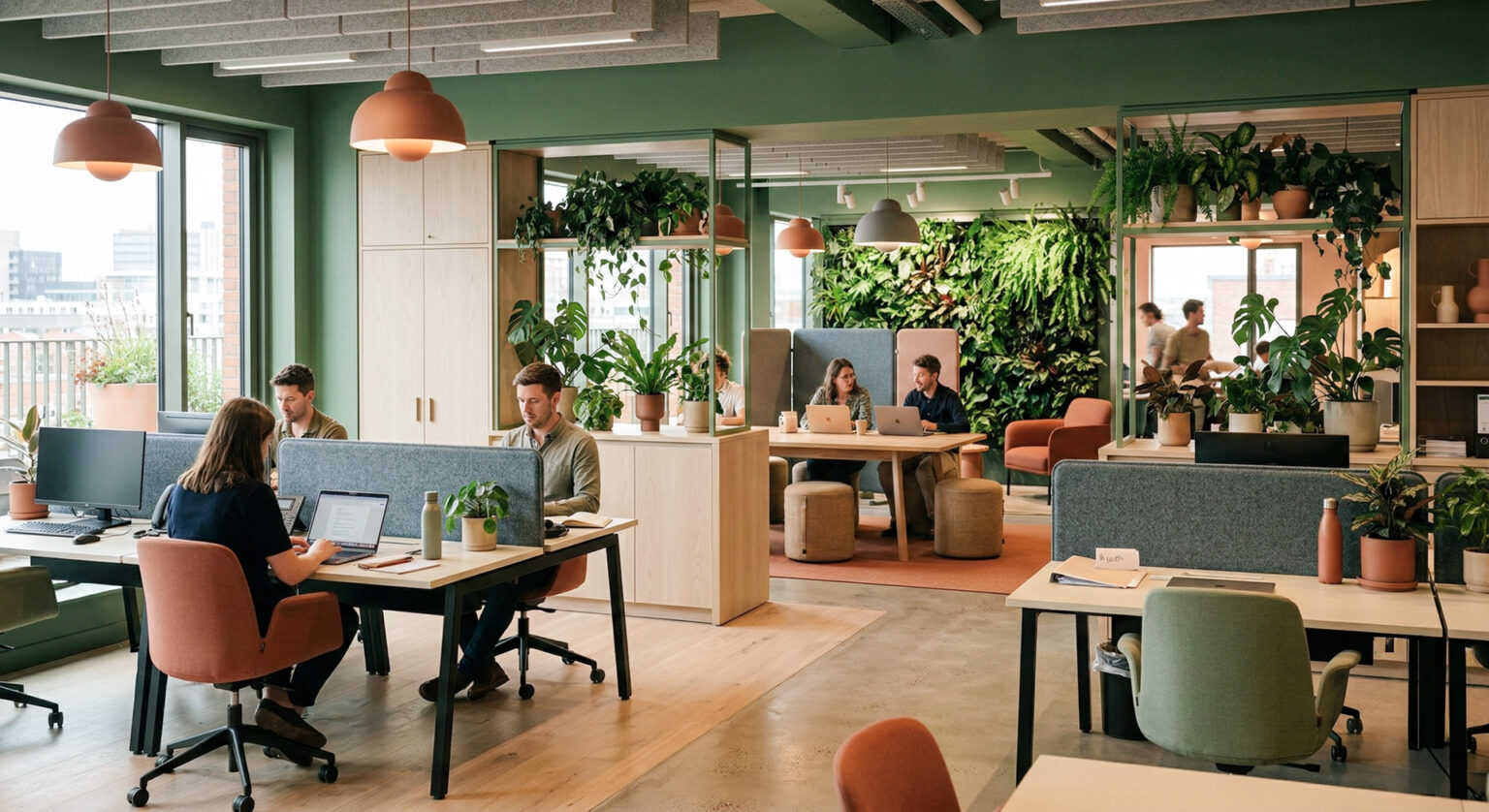 Open Plan Biophilic Office with different zones allocated for various tasks. Ideal Modern office