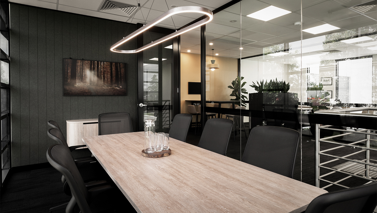 Modern Office Fitout with Ergonomic Furniture and feature lighting